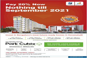 Pay 20% now & nothing till september 2021 at Salarpuria Sattva Park Cubix in Bangalore